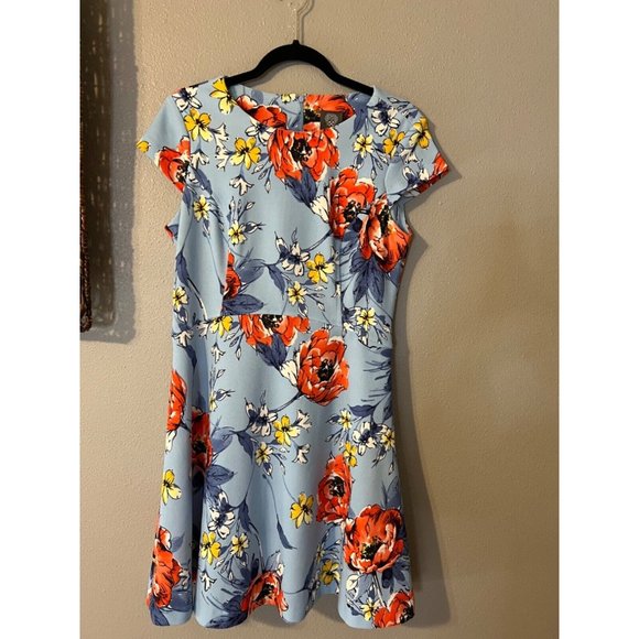 Vince Camuto Dress 12 Blue Orange Floral Stretch Short Sleeve Washable NEW - Picture 10 of 13